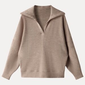 NWT!!  $69 OGL Cozy Collared V-Neck Batwing Sleeve Pullover in Heather Taupe  S